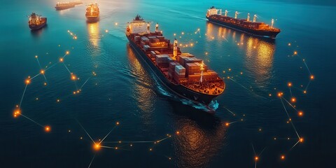 Poster - Aerial view of cargo ships on calm waters, illuminated by lights, connected by a network symbolizing maritime trade and logistics.