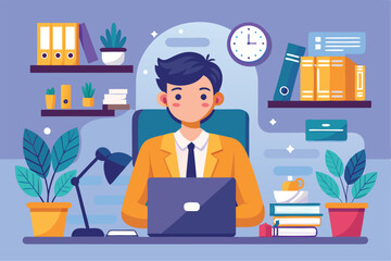 Poster - An office administrator works diligently at a computer in a bright and organized workspace surrounded by plants Office administrator trending, flat illustration.