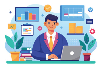 Poster - A data analyst focuses on analyzing data from a laptop surrounded by colorful graphs and reports Office data analyst, flat illustration