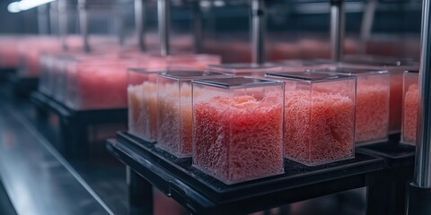 Aufkleber - Various cubes filled with vibrant pink substances are arranged on a shelf, showcasing an intricate display of color and texture in a modern setting.
