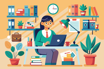 Poster - a person diligently works on a laptop at their desk, surrounded by plants, books, and office supplie