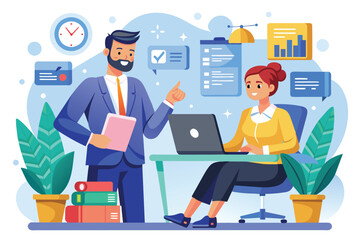 Poster - An office worker engages with a manager to complete tasks at a desk in a bright, contemporary setting Office worker completing tasks with manager, flat illustration.