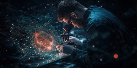 Poster - A focused scientist examines sparkling particles under a microscope, surrounded by a dark, atmospheric environment.
