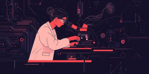 Poster - A scientist analyzes samples using a microscope, surrounded by modern technology and digital elements.