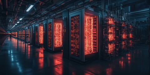 Poster - A dimly lit data center featuring rows of server racks illuminated by vibrant red lights, showcasing a futuristic technology environment.