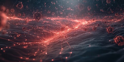 Poster - A visually striking representation of interconnected particles, showcasing vibrant red lights against a dark background, reminiscent of a dynamic digital landscape.
