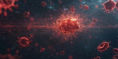 Poster - A vibrant visualization of viruses in a digital space, showcasing their intricate structures and movements against a dark backdrop.