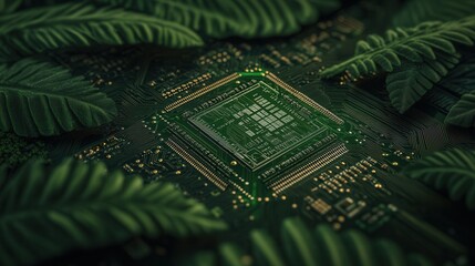 Poster - A green circuit board chip is surrounded by lush ferns, blending technology and nature in a visually striking composition.