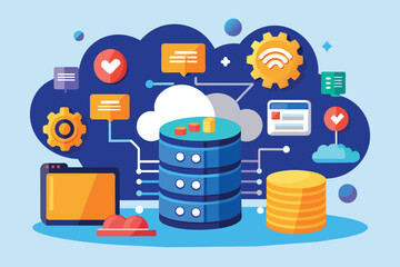 Poster - A digital illustration showcases a cloud database with icons symbolizing data storage and communication Online database cloud disk and monitor screen with flat illustration.