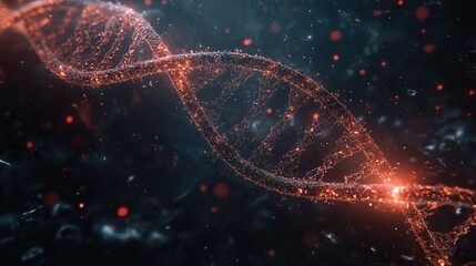 Aufkleber - A glowing, intricate DNA double helix structure against a dark background, illustrating the complexity of genetic information and molecular biology.
