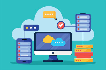 Poster - A monitor displays cloud storage with connected smartphone and server icons illustrating online data access Online database cloud disk and monitor screen with flat illustration.