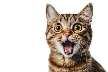 Angry and surprised cat isolated on transparent png background with a funny and excited expression.