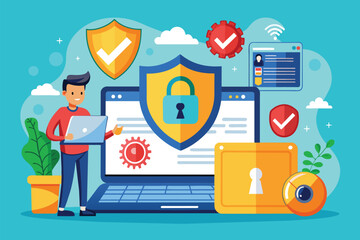 Poster - A person interacts with a laptop displaying security icons, emphasizing online safety measures for users Online security restoration illustration.