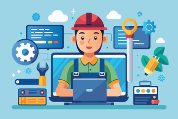Poster - a serviceman engages with digital tools for home repair assistance while seated at a computer online
