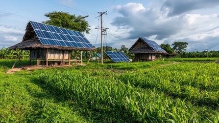Poster - Renewable energy transforming rural life eco-friendly community solar power serene landscape optimistic future