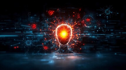 Fototapete - Digital humanoid ai glowing softly surrounded by data in a virtual environment