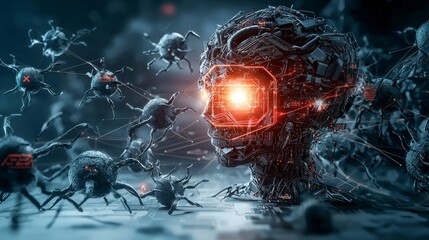 Fototapete - Digital humanoid ai surrounded by data spiders in a futuristic setting 3d rendered technology environment