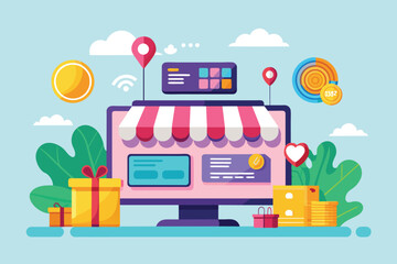 Poster - This illustration features an online store concept with a computer displaying a storefront, gifts, and coins Online store strategy, flat illustration