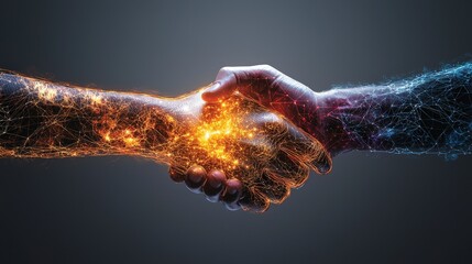 Poster - Digital handshake signifying global collaboration virtual environment technology art futuristic viewpoint innovation concept