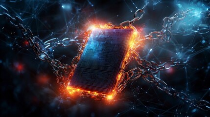 Fototapete - Illuminated ledger icon encased in digital chains virtual environment graphic design futuristic viewpoint