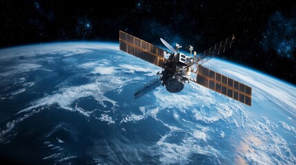 Leinwandbilder - High-tech satellite orbiting earth space exploration digital technology cosmic environment aerial view innovation insights