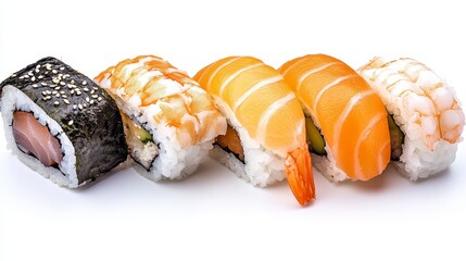 Sticker - A colorful assortment of sushi rolls, featuring various types of fish and vegetables, elegantly arranged on a white background.