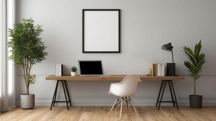 Wall Mural - Minimalist Home Office Workspace Design Featuring Plants and a Laptop