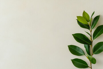 Fresh green leaves against a textured beige background in natural light