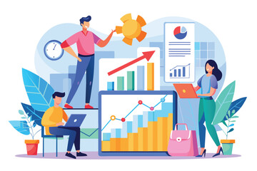 Poster - Teams in a modern office review growth charts and data visualizations for strategic planning People analyze growth charts using flat illustrations.
