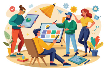 Poster - Four people brainstorm and design a colorful two-dimensional drawing in a creative workspace People are planning popular, two-dimensional drawings.
