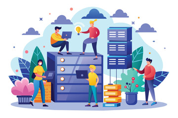 Poster - A group of individuals actively engages in backing up server data in a colorful workspace People backing up server data, illustrated in a flat style.
