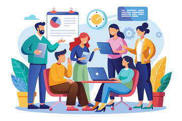 Poster - a group of professionals engages in a discussion about business guidelines and strategies at work pe