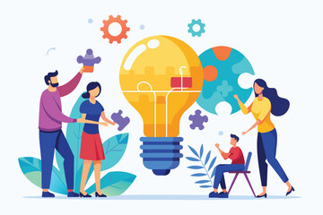 Poster - A group of individuals works together, assembling puzzle pieces to form a light bulb, showcasing creativity People connecting light bulb puzzle pieces, flat illustration.