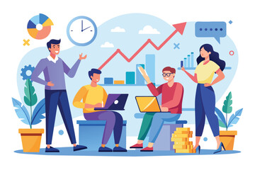 Poster - A group of professionals collaborates on strategies to enhance company growth during a meeting People discuss company growth in a flat illustration.