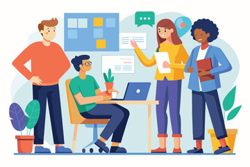 Poster - A group of individuals collaborates on project ideas at a modern workplace, sharing insights and feedback People discuss projects, simple drawing