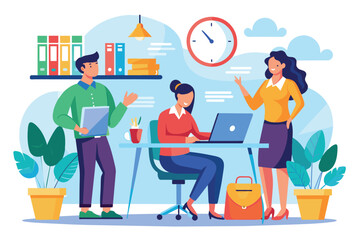 Poster - Three colleagues engage in a conversation about work hours in a modern office environment People discussing rules for working hours, illustrated in a flat style.