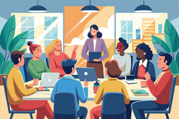Poster - a team collaborates and discusses ideas while seated around a table in a sunny, modern workspace peo