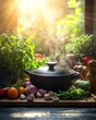 © Thanaseth - Steaming pot surrounded by fresh herbs and vegetables on a rustic wooden table