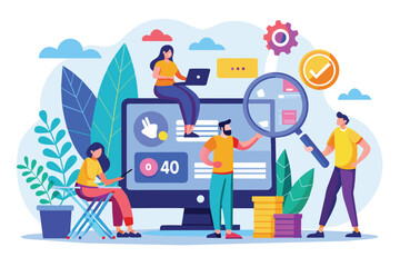 Poster - Individuals are investigating data storage errors using digital tools in a modern workspace filled with plants People seek data storage errors, 404 error, flat illustration.