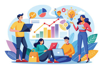 Poster - A group of students engages with charts and graphs while studying business concepts together People studying business graphs on charts.
