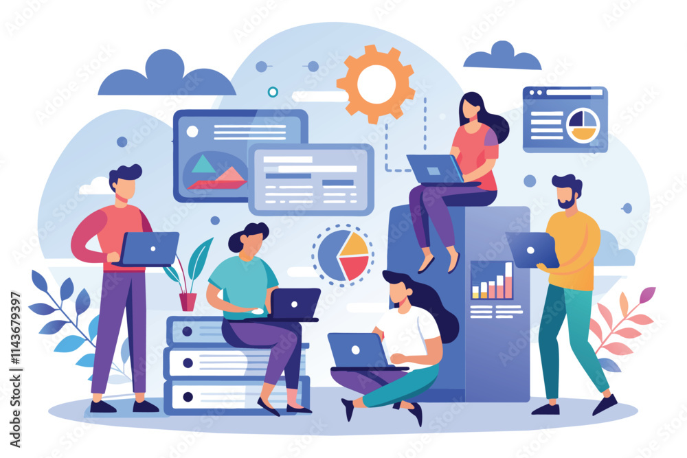 A diverse group of people uses laptops to manage and analyze data in a ...