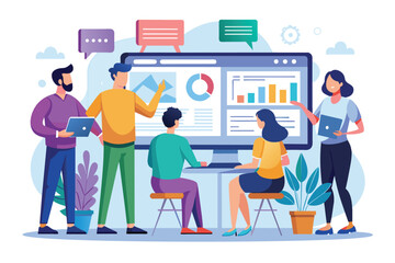 Poster - A group of professionals gathers around a large screen, discussing project details together People viewing a project on a big screen, flat illustration.