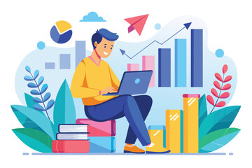 Poster - A person is focused on a flat growth graph illustration while working on a laptop in a vibrant environment Person studying a flat growth graph illustration.