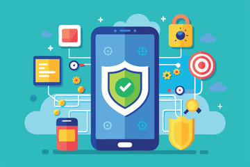 Poster - A smartphone displays a shield symbol, emphasizing security features designed to protect user data online Phone with security features, illustrated in a flat style.