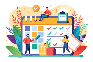 Poster - two professionals organize their business tasks using a vibrant calendar and checklist with illustra