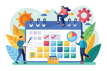 Poster - Two people collaborate on a calendar to organize their business tasks amid a bright environment Plan and manage your business activities with a calendar illustration.