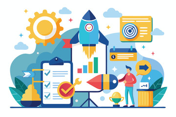Poster - an engaging illustration displays a business strategy with graphs, tools, and a rocket symbolizing g