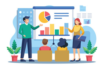 Poster - a group listens as two presenters discuss charts and graphs on a large screen in an office presentat