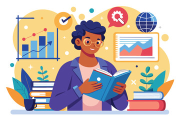 Poster - The individual is engrossed in a business data book, with charts and plants visible on the desks Read the business data book with pictures.