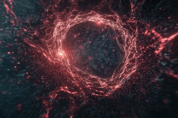 Poster - A swirling, luminous red energy formation in a dark backdrop, suggesting motion and depth, creating an otherworldly visual effect.